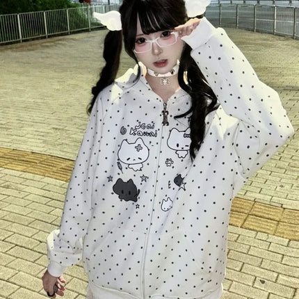Autumn Winter Sweet Cute Cat Ear Hooded Hoodie Women Casual Kawaiii Polka Dot Print Design Coat Elegant Fashion Loose Jacket New