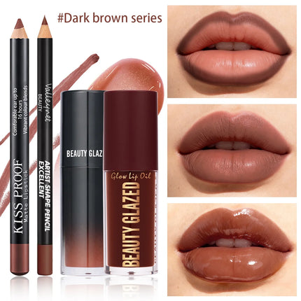 4Pcs/Set Velvet Lip Combo Set Matte Lip Liner Lipstick Lip Oil Nude Lip Gloss Long-lasting Waterproof Lip Look Lip Makeup