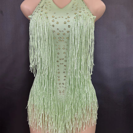 Sparkly Rhinestones Fringe Bodysuit Women Nightclub Party Dance Costume Stage Wear Sexy Tassel Leotard Performance Clothing 7G