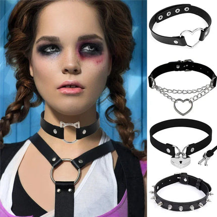 Woman Black Punk Choker Collar Necklace Sexy PU Leather Heart Lock Key Spike Chocker Gothic Cosplay Accessories Party Jewelry
