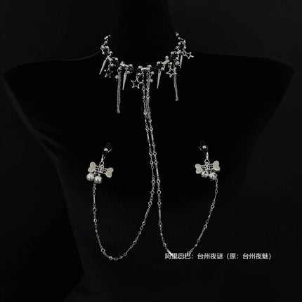 Dark-themed Erotic Nipple Clamps with Full-body Chain and Collar SM-style Nipple Body Decoration Made of Metal Adult Toy Product