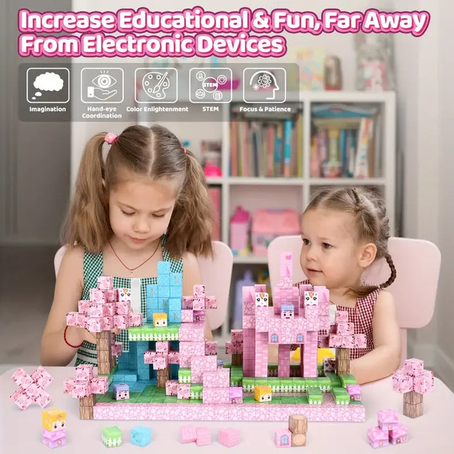 Magnetic Building Blocks Mine World Pink Girly Heart Blossom Cave Plant  Architecture Cubes Set Brick Cube Toys Children Gifts