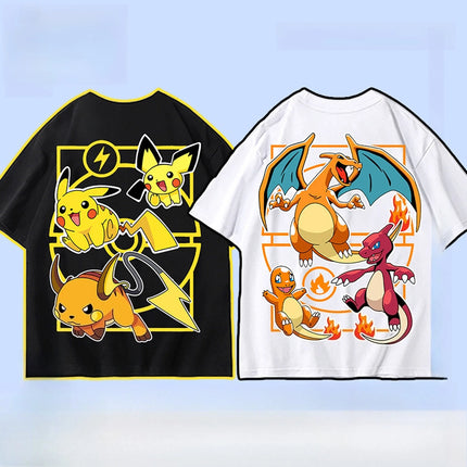 Pokémon Pikachu Gengar Charmander Black T-shirt Men's 2026 Summer Fashion Oversize Street Casual Y2K Tops Streetwear Clothing