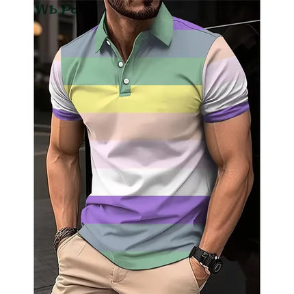 Striped Printed Men's Shirt, Men's Polo Street Men's Clothing, Loose Men's Polo Shirt