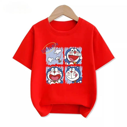 Potdemiel Summer New Doraemon Print Children's Pure Cotton T-Shirt, Boys and Girls Comfortable and Breathable Kids' T-Shirt