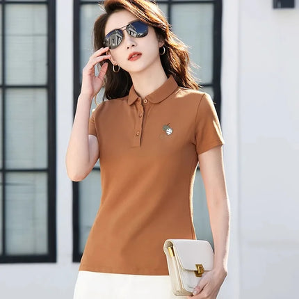 Korean version pure cotton lapel short sleeved women's T-shirt summer new high-end polo shirt embroidered casual plus size top
