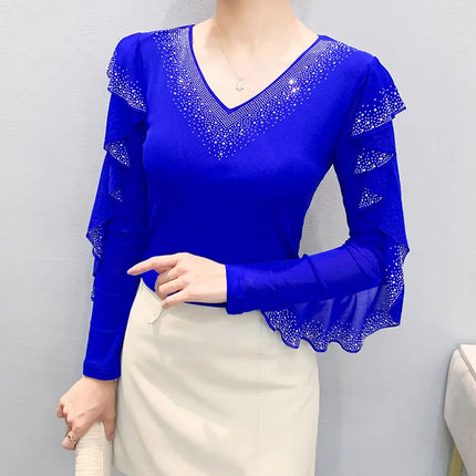 2025 Autumn New Style Mesh Tops Korean Fashion Round Neck Ruffles Shirt Lotus Leaf Edge Hot Diamond Long Sleeve Women T Shirt