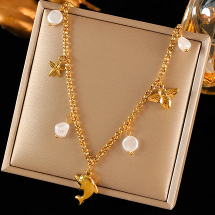 EILIECK 316L Stainless Steel Pearl Shell Starfish Sun Charm Necklace For Women Ocean Style Gold Plated Handmade Holiday Jewelry