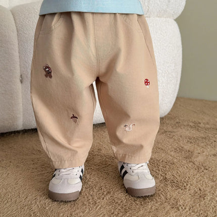 2026 Fall New Toddler Kids Pants Cotton Cartoon Embroidered Harem Pants Baby Boy Casual Striped Denim Baggy Trousers