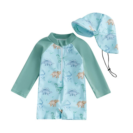 Kids Boys Summer Swimwear Casual Dinosaur/Sea Creature Print Zipper Rash Guard Swimsuit and Hat Beachwear Bathing Suit