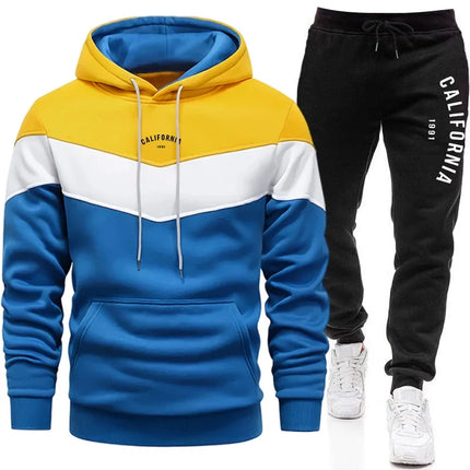 2026 Men's Tracksuit Casual Tri Color Splice Sweatshirt Outdoor Sports Jogging Man Clothing Autumn Winter Single Hoodies Pants