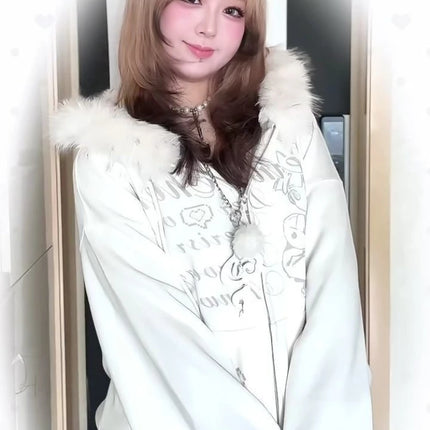 Y2K Japanese Kawai Faxu Fur Hoodies Subculture Streetwear Zipper Coat Cartoon Print Long Sleeve Retro Gothic Sweatshirts