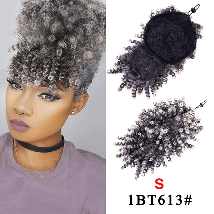 Leeons New Synthetic Afro Kinky Curly Hair Bangs Puff Hair Bun Drawstring Ponytails Clip On Hair Extension Updo Pineapple Fringe