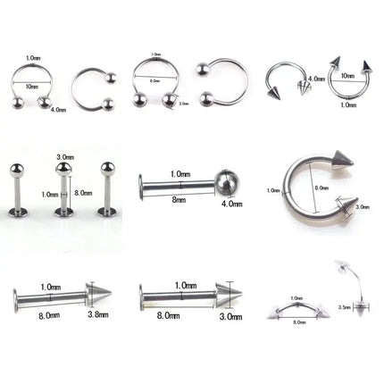 45/90PCS Stainless Steel Body Piercing Jewelry Nose Ring Tongue Bars Navel Eyebrow Lip Labret Piercing Jewelry Horseshoe Rings