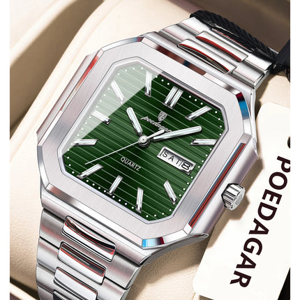 POEDAGAR Luxury Square Male Watch Waterproof Luminous Date Week Quartz Watches For Men Stainless Steel Fashion Men's Clock Reloj