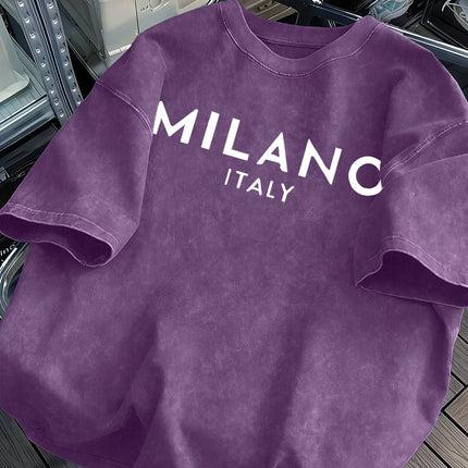 Milano Italy Printed Retro Tee Top Men's Summer Breathable Cotton T-Shirts Soft Fashion Washed Tee Unisex Casual Clothing