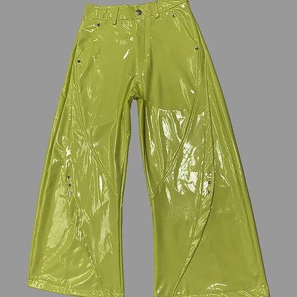 Nerazzurri Spring Autumn Studded Soft Shiny Bright Reflective Patent PVC Leather Wide Leg Pants for Men Y2K Streetwear Fashion