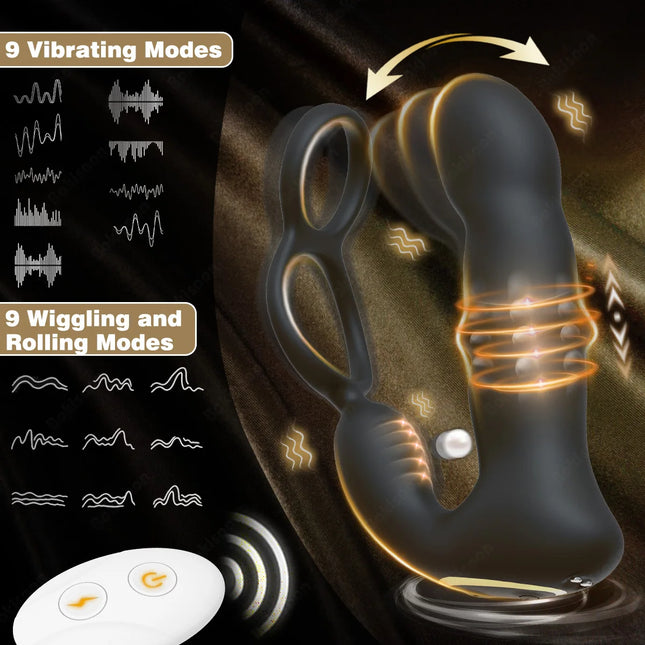 9 Wiggling Thrusting Beads Prostate Massager Vibrating Butt Plug with Penis Ring Vibrator Anal Dildo Prostate Stimulator for Men