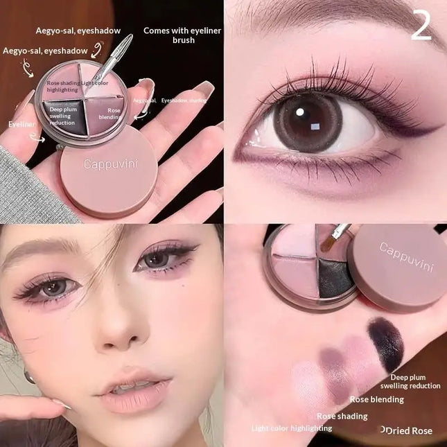 1Pc Eyes Makeup Set Cappuvini Matte Velvet Eyeshadow Palette 4 Colors with Eyeliner Highlighter And Contour Cute Beauty Cosmetic