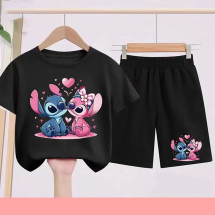 Kids Disney Stitch Print Summer Cute Breathable Tees + Shorts 2pcs 3-12 Years Boy Girls Round-neck Set Children Leisure Clothing