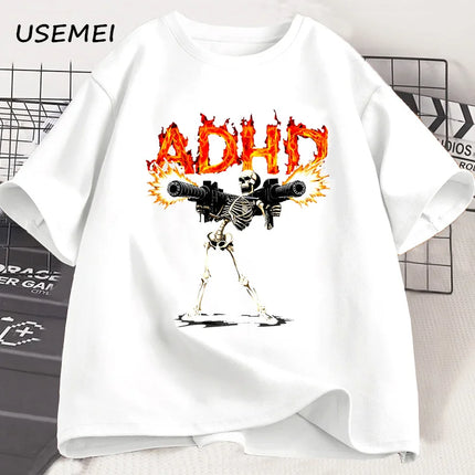 ADHD Skeleton Meme T Shirts for Men Casual Cotton Short Sleeve Tees Streetwear Loose Fashion Skull Graphis T Shirts Streetwear