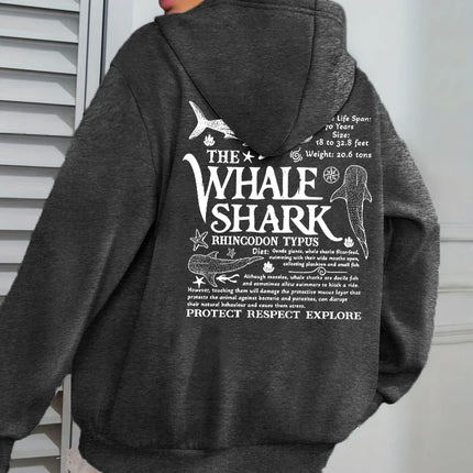Creative Whale Shark With Letters Print Woman'S Streetwear Soft Trendy Hoodies Solid Color Warm Clothes Loose Hip Hop Hoody