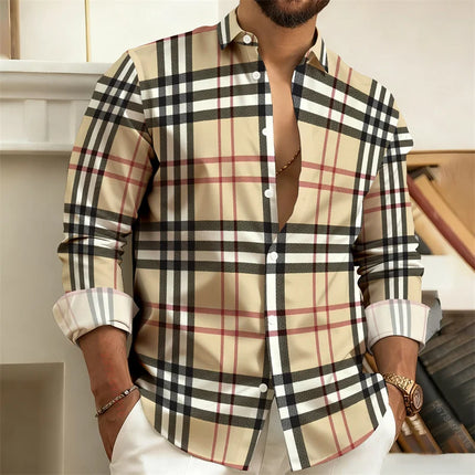 Best-Selling Men's 3D Printed Plaid Long-Sleeved Shirt, Fashionable Men's Shirt, Outdoor Casual Street Style Shirt, Sizes S-6XL