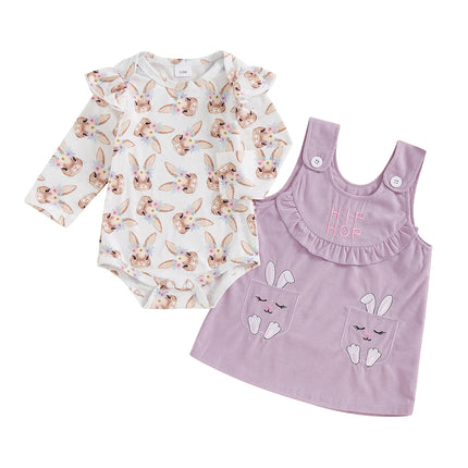 Baby Girl Easter Outfit Bunny Bow Long Sleeve Romper with Overall Dress 2 Pcs Spring Set