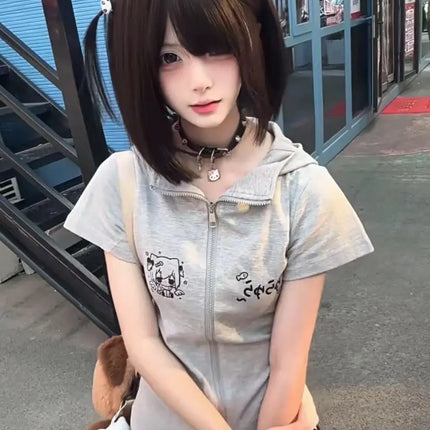 Gray Zip-Up Hoodie Women with Cartoon Print and Hood Short-Sleeve Casual Summer Jacket for Street Style 2025
