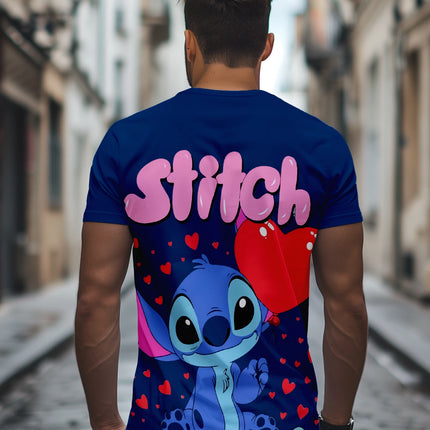 Men Disney Stitch T-Shirt, Cartoon Heart Balloon Design Casual Streetwear Top
