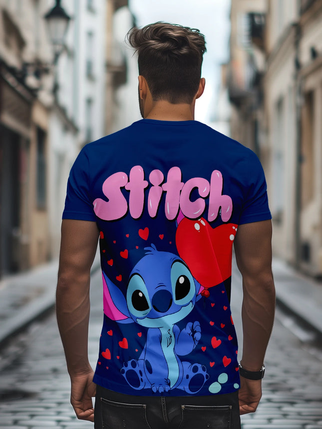 Men's Disney Stitch T-Shirt, Cartoon Heart Balloon Design Casual Streetwear Top