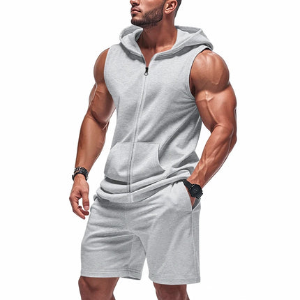 Men's Suit Sleeveless Hoodie Two-Piece Set | Fitness Training Zipper Hoodie Vest & Loose Drawstring Shorts Set (Multiple Colors)