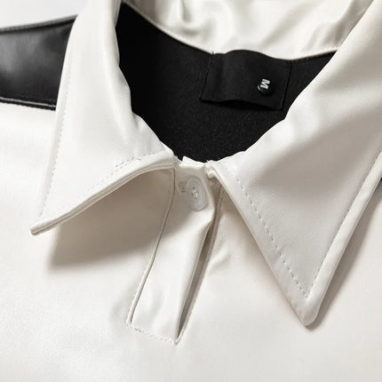 Splice Color Stripe Pu Leather Lapel Collar T Shirt Black Purple Red Polo Shirt Men Women High Quality Casual Short Sleeve Tops
