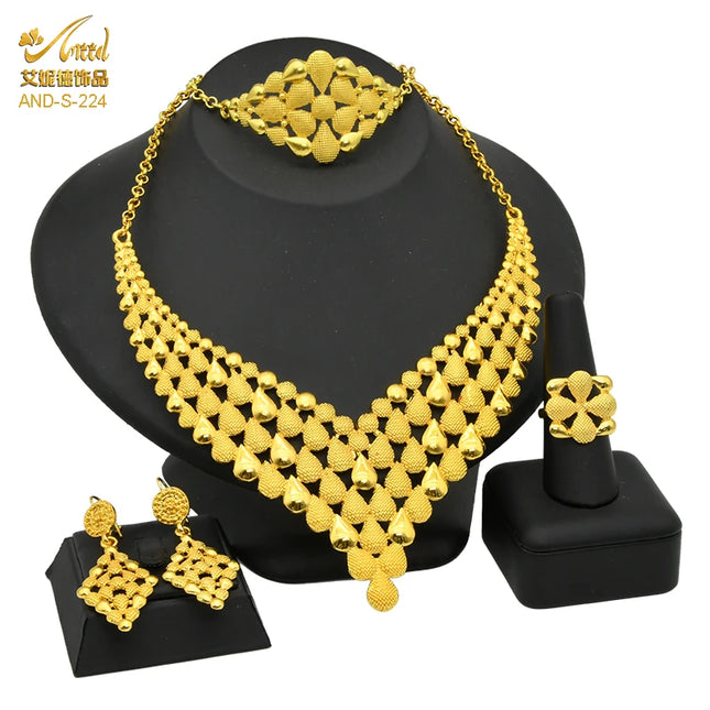 ANIID African Jewelry Set Big Necklace Dubai Ethiopian Gold Color Jewelery Earring Bracelet For Women Bridal Choker Wholesale