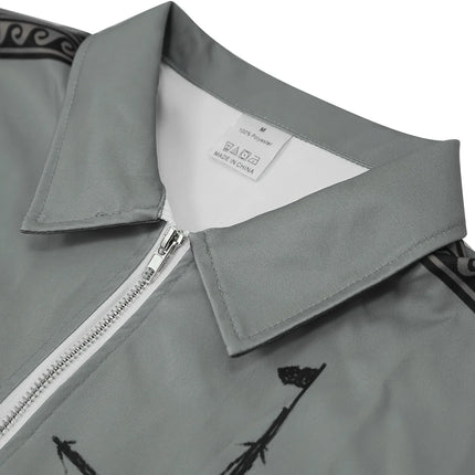 Autumn and Winter Distressed Sailboat Print Men's Casual and Comfortable Long-Sleeved Polo Shirt