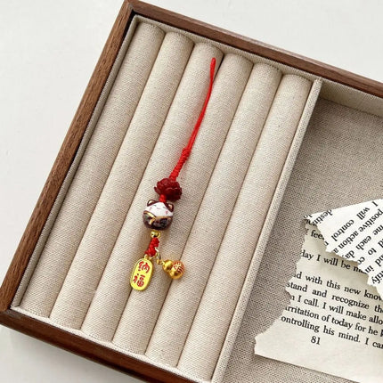Sweet Cartoon Maneki Neko Key Chain Ceramic Ornament Lucky Cat Phone Charm Fortune Phone Lanyard Lucky Cat Phone Strap Girls