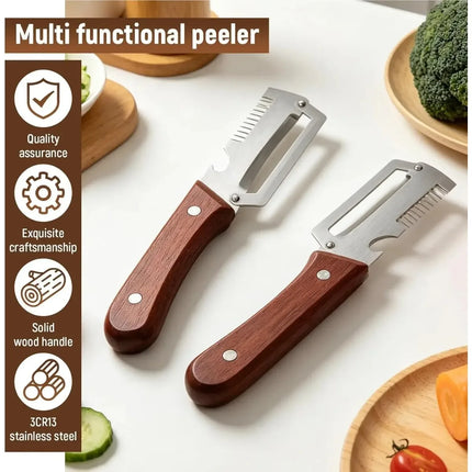 2 Packs Premium Vegetable Peeler with Wooden Handle, Multi-Functional Bottle Opener Kitchen Gadgets Tool for Fruit Pumpkin Potato Carrot Veggie