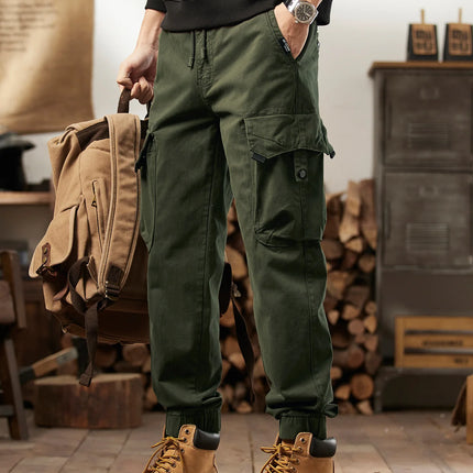 Men Tactical Cargo Joggers Multi Button Pocket Drawstring Waist Pants Vintage Military Outdoor Work Streetwear Casual Trousers