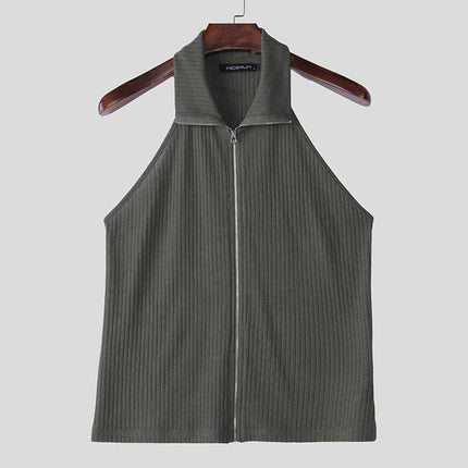 INCERUN Tops 2025 Korean Style Fashion Men's Knitted Texture Hanging Neck Design Vests Casual Streetwear Solid Zipper Tank Tops