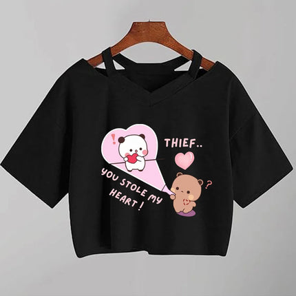Kawaii Bubu Dudu Anime T Shirt Women Cartoon Panda Bear  Black Shirt Y2k  Aesthetic Female Crop Top