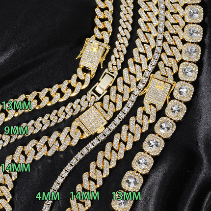 HipHop Men Women 13MM Prong Cuban Link Chain Bracelet Bling Iced Out 2 Row Rhinestone Paved Miami Rhombus Cuban Chain Jewelry