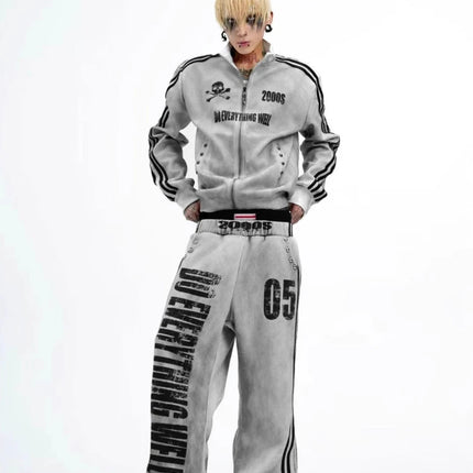 long sleeved spray printed sportswear fashion trend Harajuku retro Y2K personality willow nail zipper sweatshirt sweatpants
