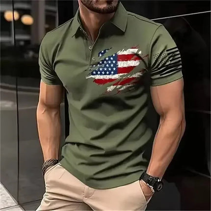 Men's Polo Shirt 3D American Flag Printed Men's Loose Street Casual Short Sleeve Top