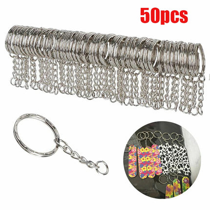 Silver Metal Blank Keyring Keychain with Ring Link Long Round Split Keychain Keyrings Chains Stainless Steel Key Rings Holder