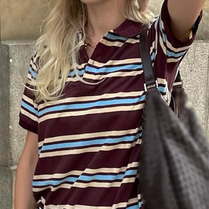 Women Summer Basic T-Shirt Casual Striped Print Lapel Short Sleeve Tops For Streetwear Aesthetic Grunge Clothes Hot Sale S-XL