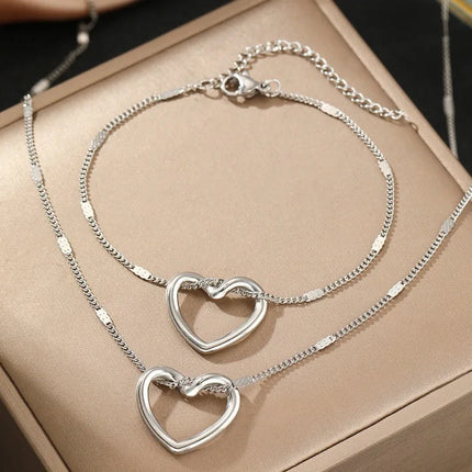 Uorich Classic Simple Hollow Out Loving Heart Necklace Bracelet for Women Unisex Stainless Steel Jewelry Set Gifts Daily Wear