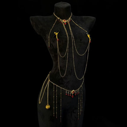 Red Gem Nipple Clamps Body Chain Integrated Breast Clips Bell Pendants Sensual Body Restraint Sexy Accessories  Adult Sex Toys
