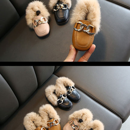 Kids Fur Shoes Children Velvet Shoes Baby Girls Warm Flats Toddler Black Brand Shoes Princess Loafer Chain Moccasin For Winter