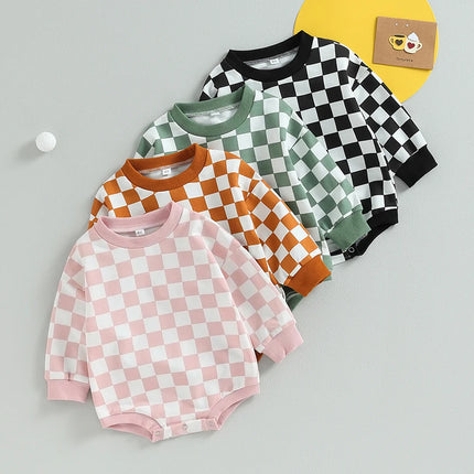 Baby Boy Girl Checkered Sweatshirt Bodysuits Oversized Long Sleeve Bubble Romper Jumpsuits Tops Neutral Baby Fall Clothes