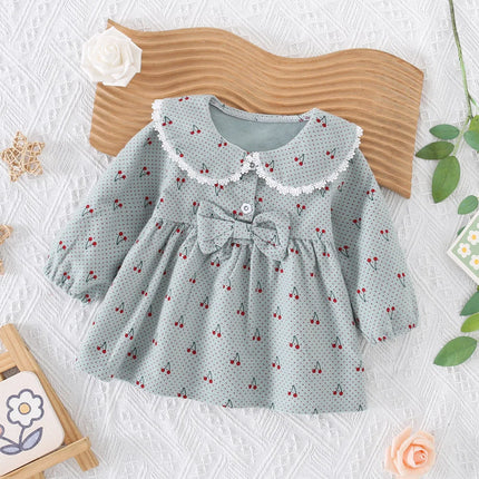 Spring and Autumn New Children's Skirt 0-3 Year Old Baby Girl Cartoon Cherry Fresh Dress Bow Decoration Collar Top